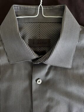 15.5 Calvin Klein Men's Dress Shirt - Grey with White Pinstripes